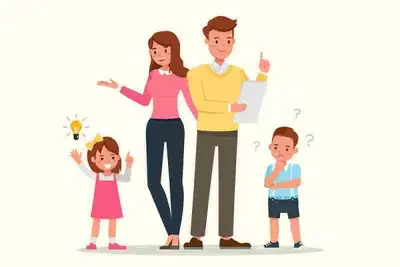 Two adults stand with two children, one raising both arms and one beneath question marks
