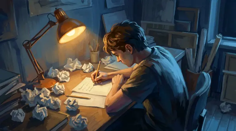 Person erasing and rewriting repeatedly under a desk lamp surrounded by crumpled papers