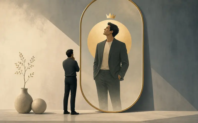 Person looking into a mirror showing a slightly distorted reflection