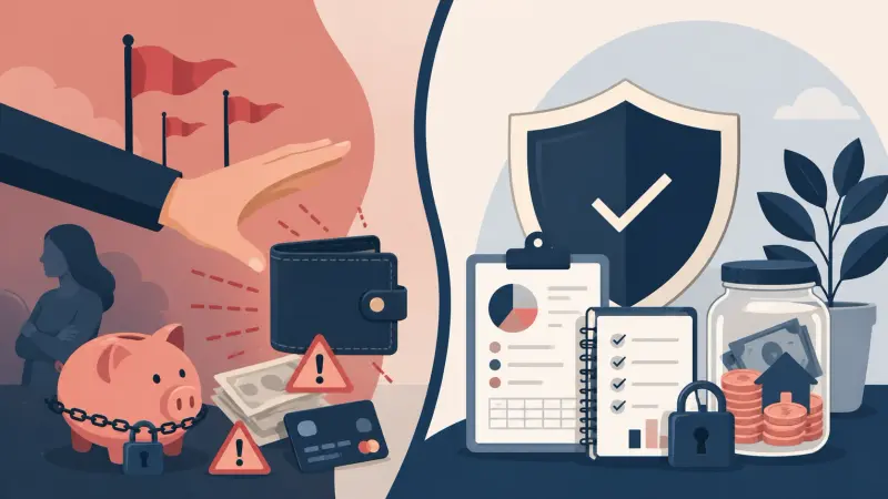 split image left side represents financial control and right side represents financial protection