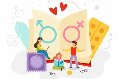 Open book with male and female symbols, three small figures, a condom wrapper and pill pack