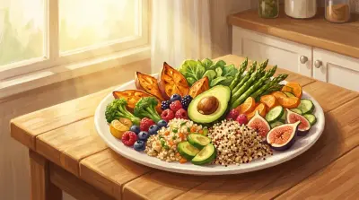 Colorful plate of fresh healthy food on a sunlit kitchen table with warm natural light