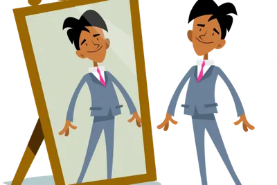 Cartoon person stands beside their reflection in a full-length mirror