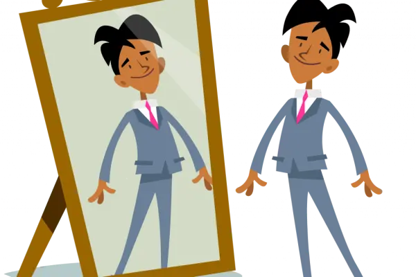 Cartoon person stands beside their reflection in a full-length mirror