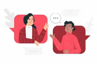 Two people gesturing toward each other from separate speech bubbles