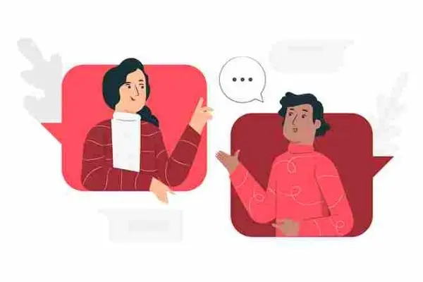 Two people gesturing toward each other from separate speech bubbles