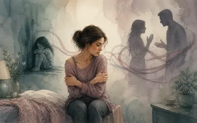 Person suffering from relationship complications reflecting on her childhood abuse