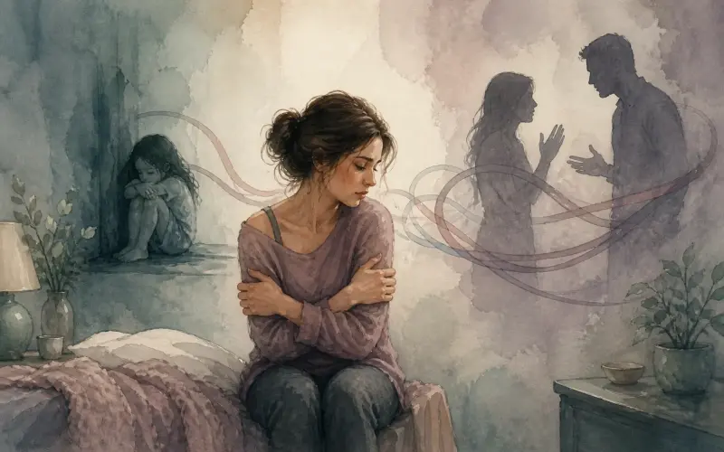 Person suffering from relationship complications reflecting on her childhood abuse