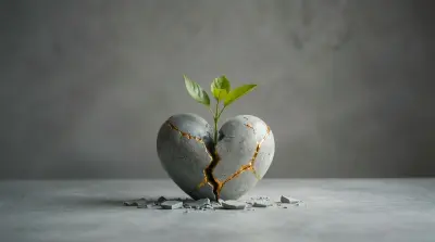 Broken heart-shaped stone repaired with gold seams, sprouting a green shoot of new growth.