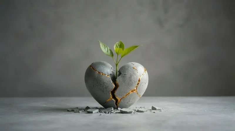 Broken heart-shaped stone repaired with gold seams, sprouting a green shoot of new growth.