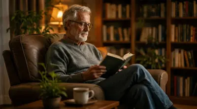 Elderly man reading a book in a cozy, warmly lit living room chair.