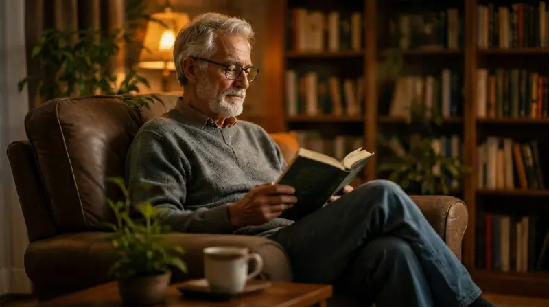 Elderly man reading a book in a cozy, warmly lit living room chair.