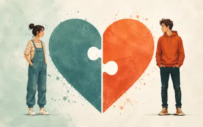 couple standing in front of each other with heart shape representing a puzzle