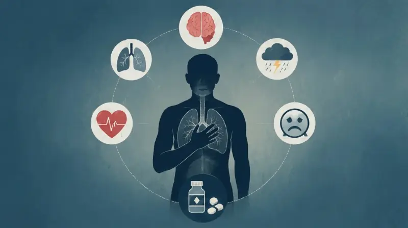 Person pressing hand to chest resembling shortness of breath