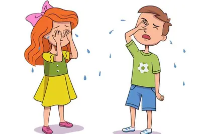 Two cartoon children cover their faces as blue tears fall around them