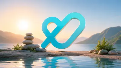 Turquoise heart logo over calm lake at sunrise, with stones and soft reflections.