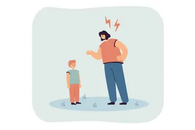 Adult gestures toward a child as lightning-bolt symbols appear overhead