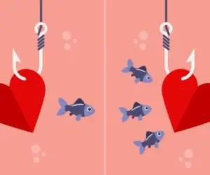 Two fishing hooks hold red hearts while small fish swim between them