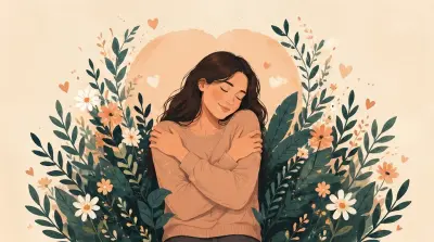 Woman gently hugging herself, surrounded by soft leaves and warm calming tones
