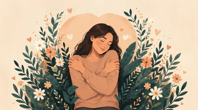 Woman gently hugging herself, surrounded by soft leaves and warm calming tones