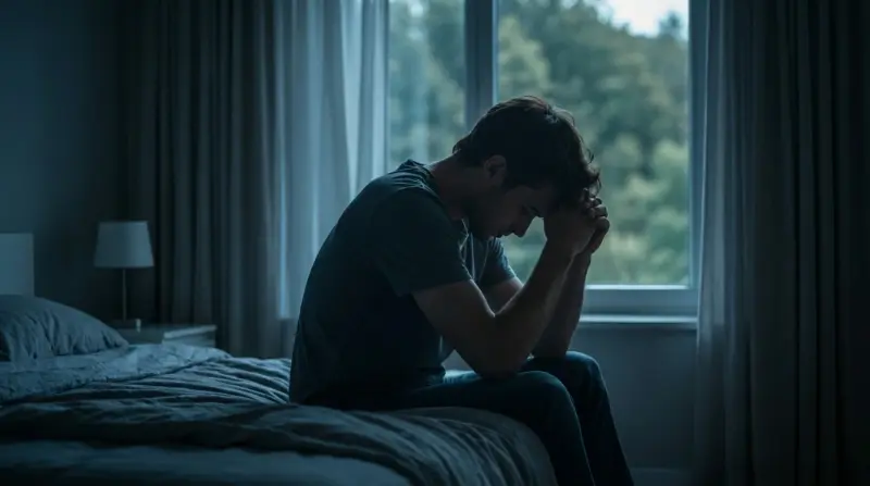 a person sitting on the side of a bed feeling depressed suffering from withdrawal