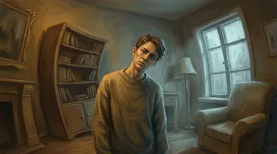 Person looking confused in a room with slightly distorted and tilted surroundings