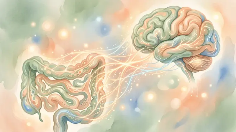 Fluid abstract shapes of gut and brain connected by glowing threads in sage green and peach tones
