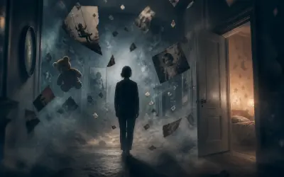 Person standing in a corridor of faded and blurred family photographs representing lost memories