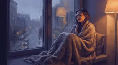 Person wrapped in a blanket by a rainy window looking peaceful in a moment of quiet sadness