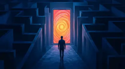 A lone figure stands before a glowing portal at the end of a dark maze, symbolizing temptation.