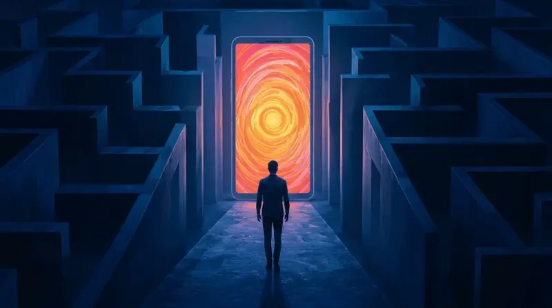A lone figure stands before a glowing portal at the end of a dark maze, symbolizing temptation.