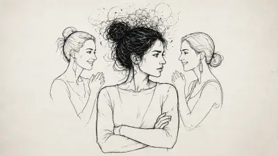 Jealous woman with crossed arms as two others whisper behind her, ink sketch style