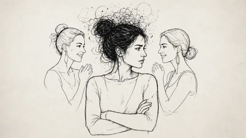 Jealous woman with crossed arms as two others whisper behind her, ink sketch style