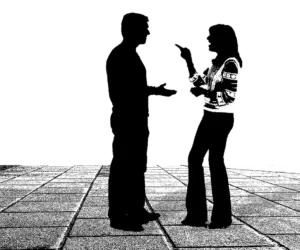 Two silhouetted people face each other and gesture on a tiled surface