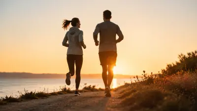 a couple jogging together at sunset along a coastal path.