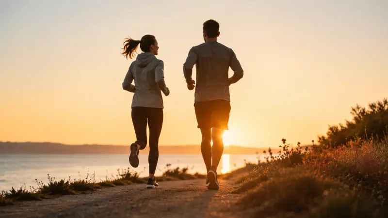 a couple jogging together at sunset along a coastal path.