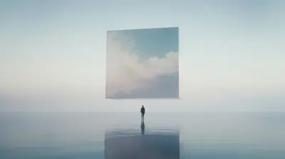 A lone figure stands before a floating sky window in a vast, surreal empty space.