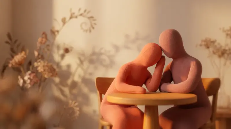 two human figures sitting at a table with gentle glow filling the room