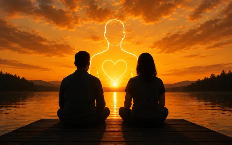 couple sitting together at a dock watching the sunset