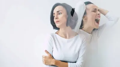 Two overlapping figures, one looking aside and one with mouth open and hands on head