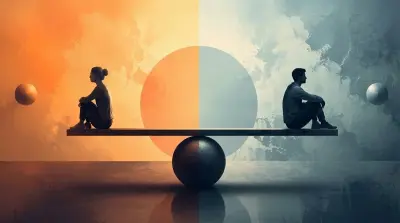 Two figures sit apart on a balanced beam, split by warm and cool tones, symbolizing tension.