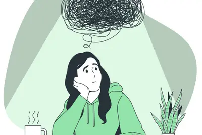 Drawing of a person resting their head on one hand beneath a tangled scribble