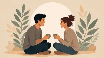 Couple sitting cross-legged, smiling and talking while holding mugs in a calm, minimal setting