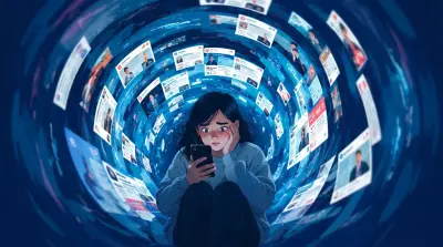 Anxious person overwhelmed by endless news and social media posts swirling around a smartphone.