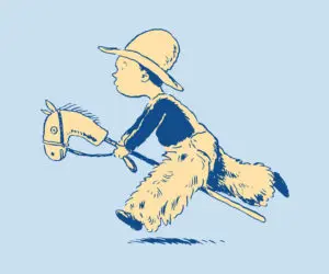 Child in a wide-brimmed hat riding a stick horse in a vintage drawing