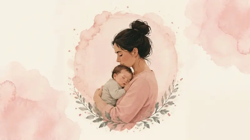 Mother gently cradles sleeping newborn in a soft watercolor portrait of calm and comfort.