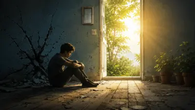 Man sits in a cracked dark room, facing a sunlit open door with plants outside.