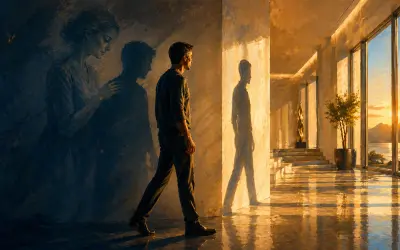 a man looking forward and behind him is the shadow of his mother