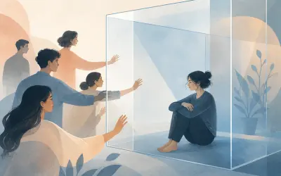 person sitting inside a transparent room while others are trying to reach out to him