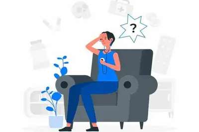 Seated person holds a stethoscope to their chest beneath a large question mark
